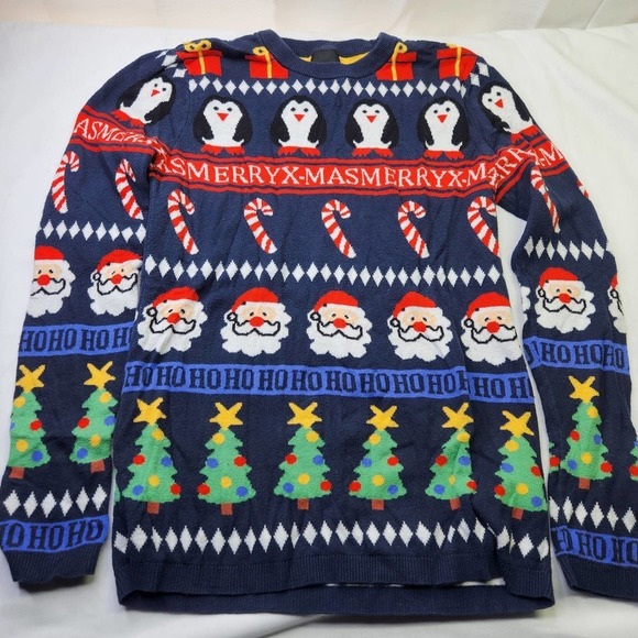 H&M Christmas Friends Sweater Size XS Holiday Santa Print Blue Pullover Shirt - Picture 1 of 5